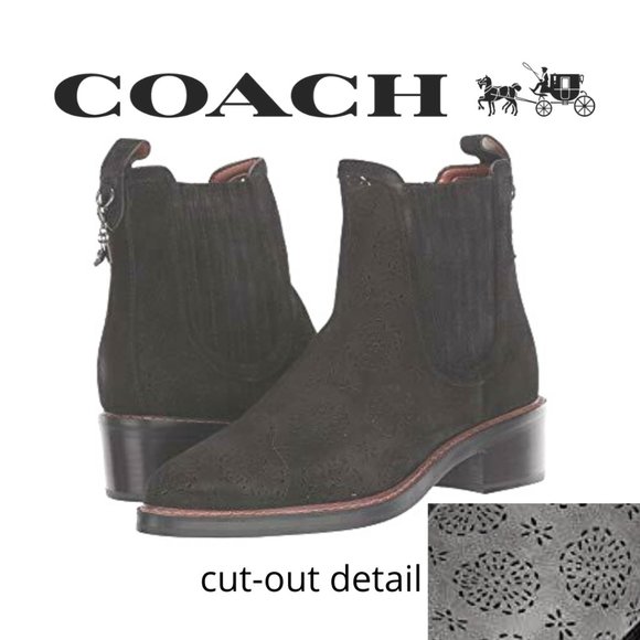 NIB $395 COACH Bowery Chelsea Boot with Cut Out Tea Rose in Black Suede Leather - Picture 1 of 8